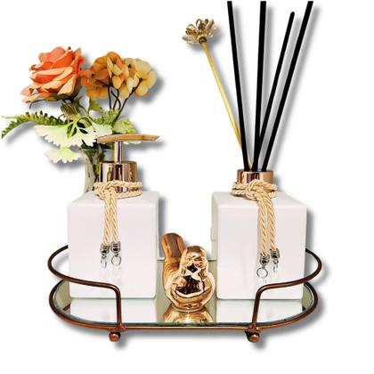 Imagem de Kit Lavabo Banheiro Com Difusor Saboneteira e Bandeja Super Luxo Branco Com Rosé