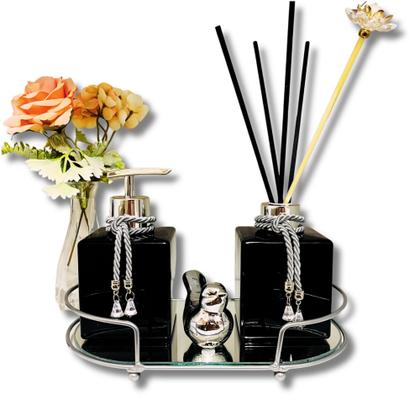 Imagem de Kit Lavabo Banheiro Com Difusor Saboneteira e Bandeja Super Luxo Preto Com Prata