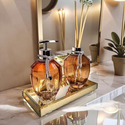 Imagem de Kit Lavabo Banheiro Completo Ambar Decoração Prata Vidro Super Luxo Presente Ambar