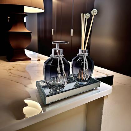 Imagem de Kit Lavabo Banheiro Completo Preto com Bandeja Luxo Decoração Prata