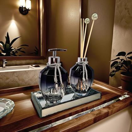 Imagem de Kit Lavabo Banheiro Completo Preto com Bandeja Luxo Decoração Prata