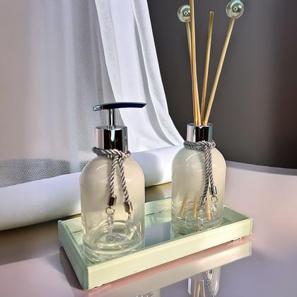 Imagem de Kit Lavabo Branco Decoração Completo De Vidro Luxo Difusor Saboneteira Banheiro Premium