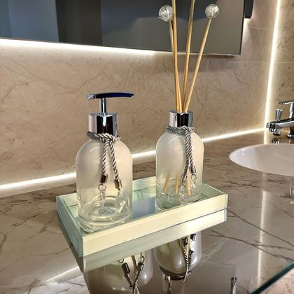 Imagem de Kit Lavabo Branco Decoração Completo De Vidro Luxo Difusor Saboneteira Banheiro Premium