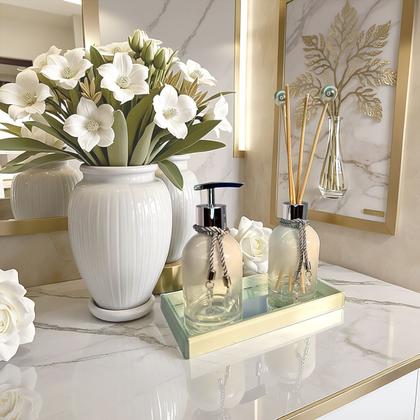 Imagem de Kit Lavabo Branco Decoração Completo De Vidro Luxo Difusor Saboneteira Banheiro Premium