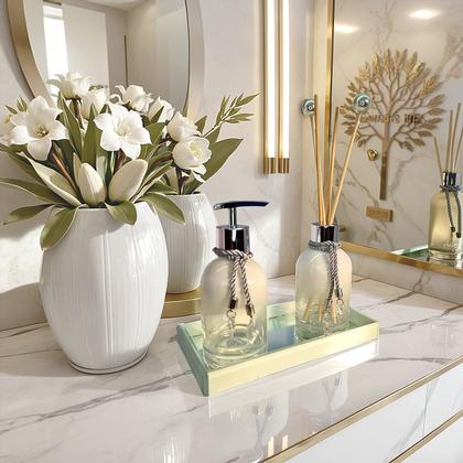 Imagem de Kit Lavabo Branco Decoração Completo De Vidro Luxo Difusor Saboneteira Banheiro Premium