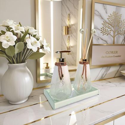 Imagem de Kit Lavabo Completo Branco Com Bandeja Vidro Super Luxo Difusor Banheiro Aroma Presente Casamento