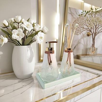 Imagem de Kit Lavabo Completo Branco Com Bandeja Vidro Super Luxo Difusor Banheiro Aroma Presente Casamento