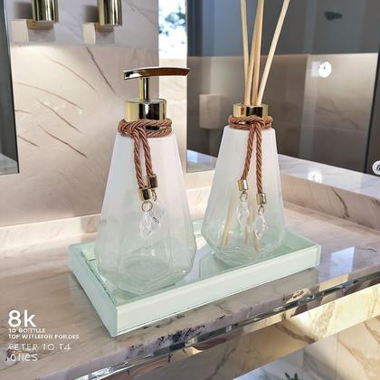 Imagem de Kit Lavabo Completo Branco Com Bandeja Vidro Super Luxo Difusor Banheiro Aroma Presente Casamento