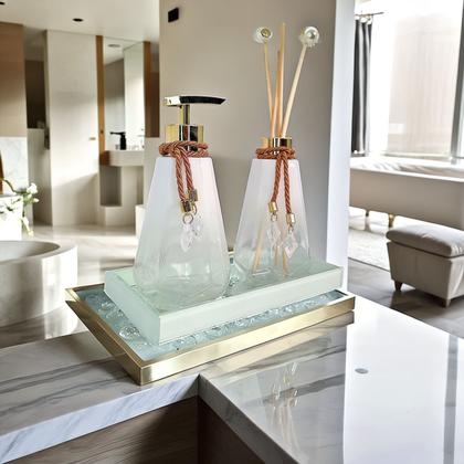 Imagem de Kit Lavabo Completo Branco Com Bandeja Vidro Super Luxo Difusor Banheiro Aroma Presente Casamento