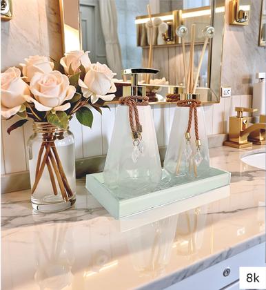 Imagem de Kit Lavabo Completo Branco Com Bandeja Vidro Super Luxo Difusor Banheiro Aroma Presente Casamento