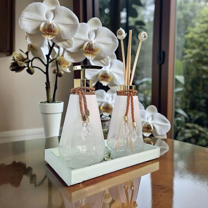 Imagem de Kit Lavabo Completo Branco Com Bandeja Vidro Super Luxo Difusor Banheiro Aroma Presente Casamento