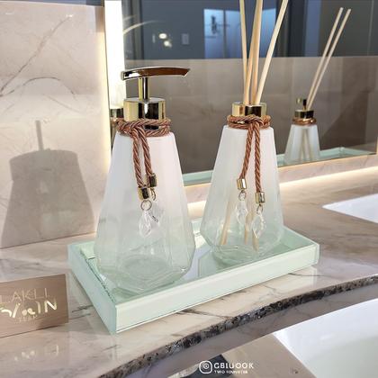 Imagem de Kit Lavabo Completo Branco Com Bandeja Vidro Super Luxo Difusor Banheiro Aroma Presente Casamento