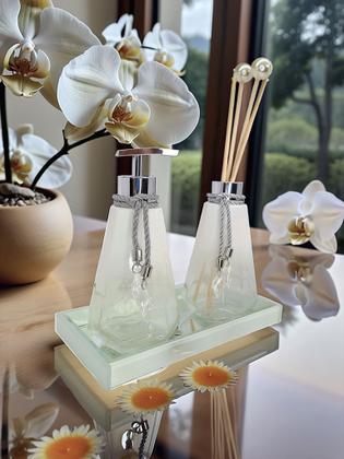 Imagem de Kit Lavabo Completo Branco Com Bandeja Vidro Super Luxo Difusor Banheiro Aromatizador