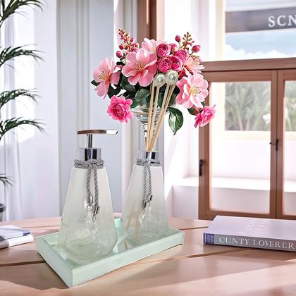 Imagem de Kit Lavabo Completo Branco Com Bandeja Vidro Super Luxo Difusor Banheiro Aromatizador