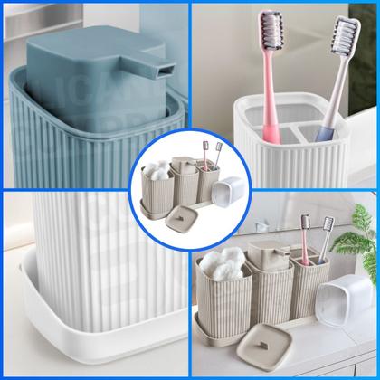 Imagem de Kit Lavabo Completo Com Bandeja Decoração Banheiro Dispenser Porta Escovas Algodão