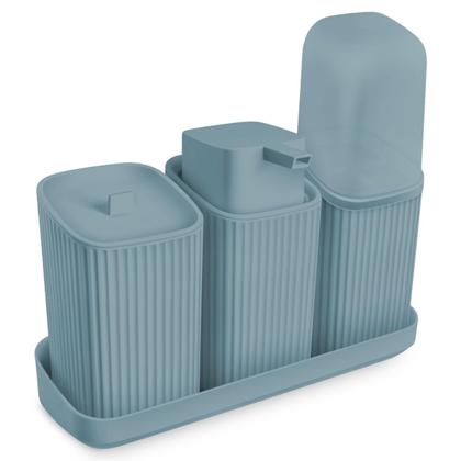 Imagem de Kit Lavabo Completo Com Bandeja Decoração Banheiro Dispenser Porta Escovas Algodão