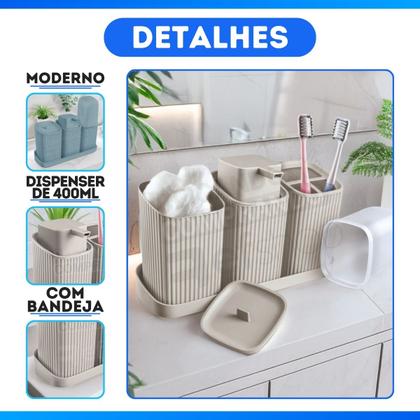 Imagem de Kit Lavabo Completo Com Bandeja Decoração Banheiro Dispenser Porta Escovas Algodão