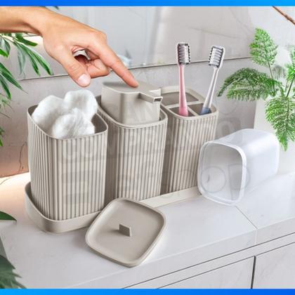 Imagem de Kit Lavabo Completo Com Bandeja Decoração Banheiro Dispenser Porta Escovas Algodão