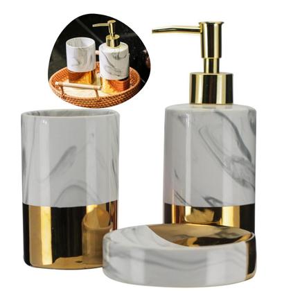 Imagem de Kit Lavabo Dourado De Porcelana Saboneteira Marble 3 Peças