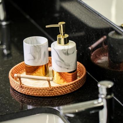 Imagem de Kit Lavabo Dourado De Porcelana Saboneteira Marble 3 Peças