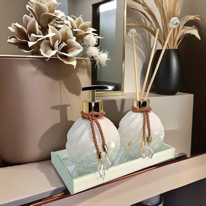 Imagem de Kit Lavabo Espiral Branco Decoração Dourado Com Bandeja Completo De Vidro Premium Presente