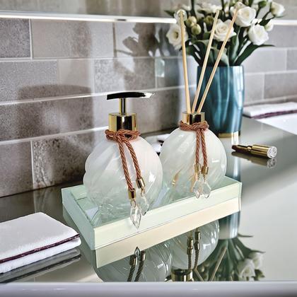 Imagem de Kit Lavabo Espiral Branco Decoração Dourado Com Bandeja Completo De Vidro Premium Presente