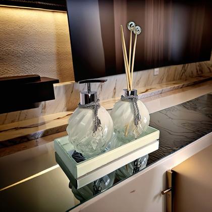 Imagem de Kit Lavabo Espiral Branco Decoração Prata Com Bandeja Completo De Vidro Premium Presente