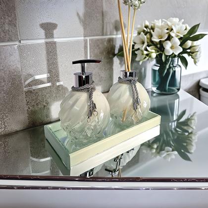 Imagem de Kit Lavabo Espiral Branco Decoração Prata Com Bandeja Completo De Vidro Premium Presente