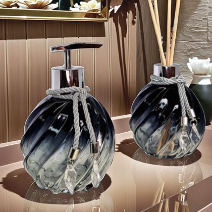 Imagem de Kit Lavabo Espiral Preto Decoração Prata Completo De Vidro Premium Presente