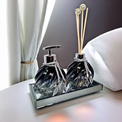 Imagem de Kit Lavabo Espiral Preto Decoração Prata Completo De Vidro Premium Presente