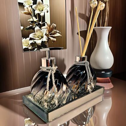 Imagem de Kit Lavabo Espiral Preto Decoração Prata Completo De Vidro Premium Presente