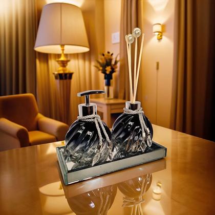 Imagem de Kit Lavabo Espiral Preto Decoração Prata Completo De Vidro Premium Presente