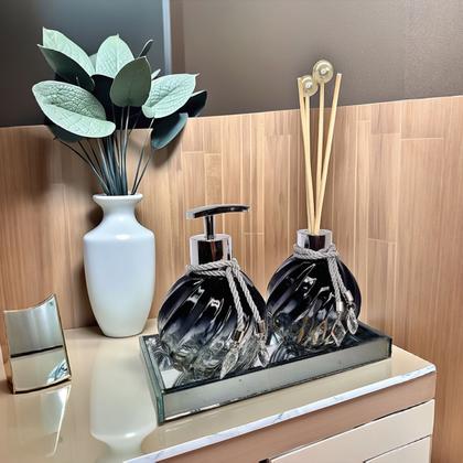 Imagem de Kit Lavabo Espiral Preto Decoração Prata Completo De Vidro Premium Presente
