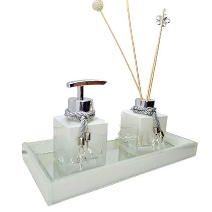 Imagem de Kit Lavabo Luxo Vidro Saboneteira Difusor Com Bandeja Aromas Decoração Com Varetas