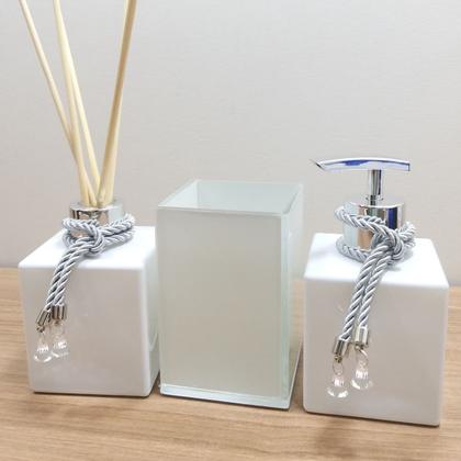 Imagem de Kit Lavabo Saboneteira Porta Sabonete Líquido Aromatizador Difusor Porta Escova De Dentes Pincel Maquiagem-Organizadores Jogo Banheiro-Branco e Prata