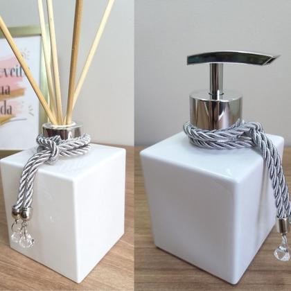 Imagem de Kit Lavabo Saboneteira Porta Sabonete Líquido Aromatizador Difusor Porta Escova De Dentes Pincel Maquiagem-Organizadores Jogo Banheiro-Branco e Prata