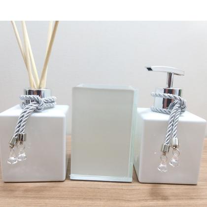 Imagem de Kit Lavabo Saboneteira Porta Sabonete Líquido Aromatizador Difusor Porta Escova De Dentes Pincel Maquiagem-Organizadores Jogo Banheiro-Branco e Prata