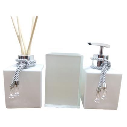 Imagem de Kit Lavabo Saboneteira Porta Sabonete Líquido Aromatizador Difusor Porta Escova De Dentes Pincel Maquiagem-Organizadores Jogo Banheiro-Branco e Prata