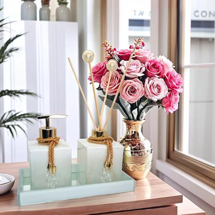 Imagem de Kit Lavabo Vidro Super Luxo  Difusor Banheiro Aromatizador Bandeja Saboneteira Vidro