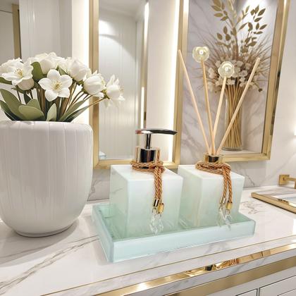 Imagem de Kit Lavabo Vidro Super Luxo  Difusor Banheiro Aromatizador Bandeja Saboneteira Vidro