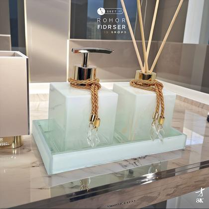 Imagem de Kit Lavabo Vidro Super Luxo  Difusor Banheiro Aromatizador Bandeja Saboneteira Vidro