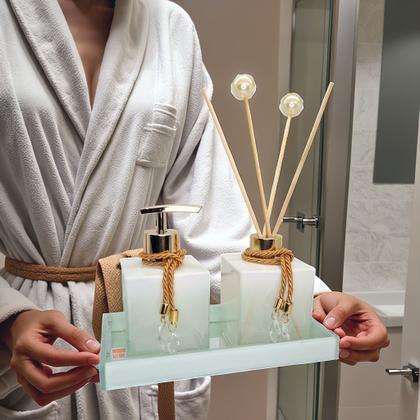 Imagem de Kit Lavabo Vidro Super Luxo  Difusor Banheiro Aromatizador Bandeja Saboneteira Vidro