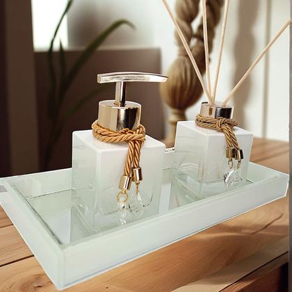 Imagem de Kit Lavabo Vidro Super Luxo  Difusor Banheiro Aromatizador Bandeja Saboneteira Vidro