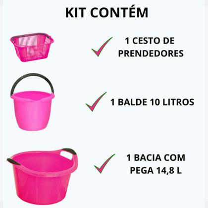 Imagem de Kit Lavanderia 3 Peças Balde Bacia Cesto Prendedor Multiuso