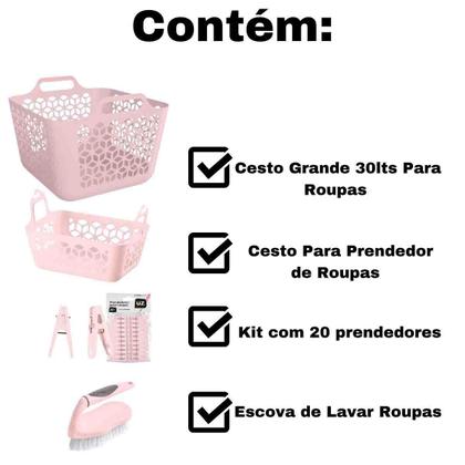 Imagem de Kit Lavanderia Lava Roupas Com Cesto Para Roupas Prendedor Escova 4 Peças UZ