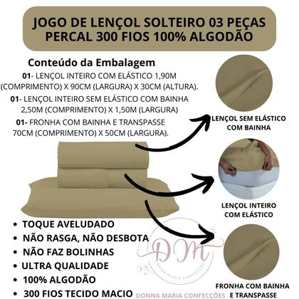 Imagem de Kit Lençol Liso Cama Solteiro 3 peças com Fronha 100% Algodão Percal 300 Fios