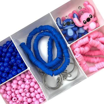 Imagem de Kit Lilo Stitch Miçanga Pulseira Infantil Fio Fimo + Pingente Silicone