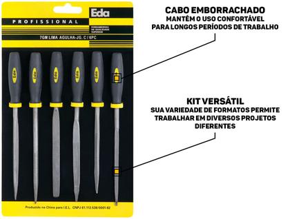 Imagem de Kit Limas Tipo Agulha Eda 6 Pçs Triangular Redonda Chata Meia Cana Cabo Emborrachado P/ Madeira Metal Trabalhos Manuais