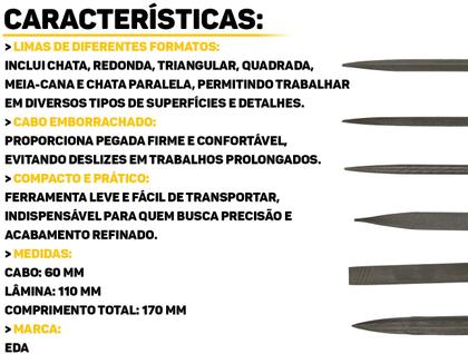 Imagem de Kit Limas Tipo Agulha Eda 6 Pçs Triangular Redonda Chata Meia Cana Cabo Emborrachado P/ Madeira Metal Trabalhos Manuais