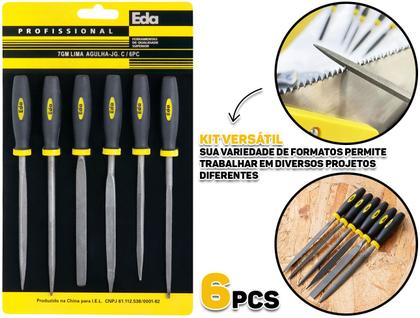 Imagem de Kit Limas Tipo Agulha Eda 6 Pçs Triangular Redonda Chata Meia Cana Cabo Emborrachado P/ Madeira Metal Trabalhos Manuais